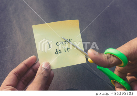 Hands cutting letter T with scissors with written text i cant do it. Business concept for determination Success Challenge self believe Motivation and aspirations to achieve results Aim goal. Hands cutting letter T with scissors with written text i cant do it. Business concept for determination Success Challenge self believe Motivation and aspirations to achieve results Aim goal. 85395203