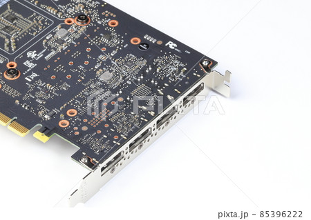 Close up of Professional video graphic card, High performance video graphic card for workstation computer show DP or display port connector isolated on white, 85396222