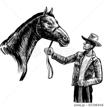 Cowboy with his horse. Ink black and white drawing Cowboy with his horse. Ink black and white drawing 85396948