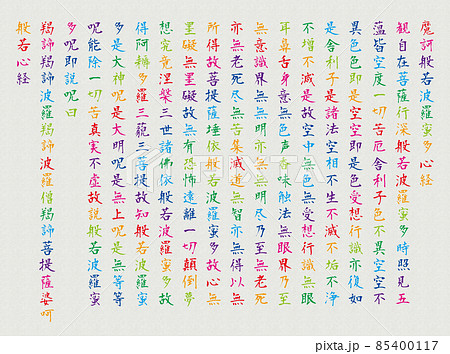 書道半紙風の白背景で波紋模様に色を付けたカラフルな般若心経全文 85400117