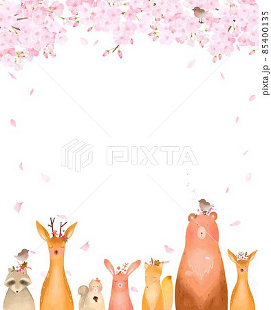 森の動物と雀が満開の桜の木の下にいる春の北欧風かわいいフレームイラストベクター素材 のイラスト素材