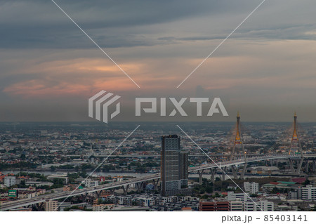 Beautiful view of Bangkok city, Beauty skyscrapers along Chaopraya river in the evening, making the city modern style. 85403141