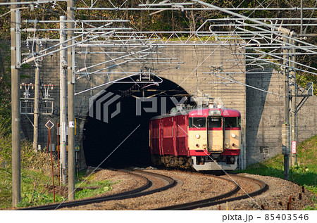 嵐山トンネルを抜け出た竣工当時の塗色を復元塗装した車両による普通列車 嵐山トンネルを抜け出た竣工当時の塗色を復元塗装した車両による普通列車 85403546