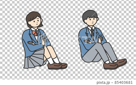地べたに座っている男子学生と女子学生のイラスト素材セット 地べたに座っている男子学生と女子学生のイラスト素材セット 85403681