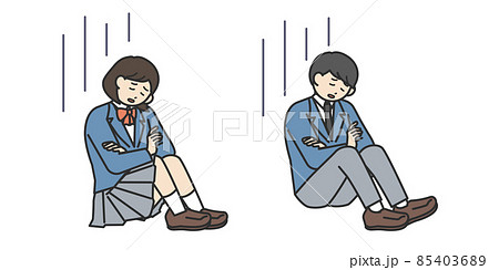 体操座りして落ち込んでいる男子学生と女子学生のイラスト素材セット 85403689