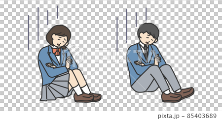 体操座りして落ち込んでいる男子学生と女子学生のイラスト素材セット 85403689