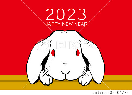 2023年 年賀状デザイン ウサギ リアル 赤 卯年のイラスト素材