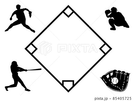 【野球】選手とボールとグローブのシルエットのフレーム 【野球】選手とボールとグローブのシルエットのフレーム 85405725