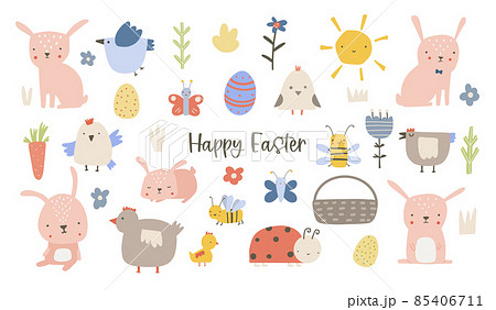Easter set. Collection of cute animals, birds and insects, blooming flowers and floral decorations, isolated on white background. Bright colored vector illustration in flat cartoon style Easter set. Collection of cute animals, birds and insects, blooming flowers and floral decorations, isolated on white background. Bright colored vector illustration in flat cartoon style 85406711