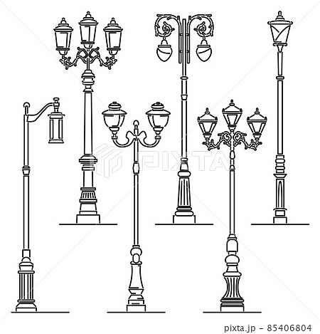 Set of simple vector images of vintage artistic decorative lamppost in art line style. 85406804
