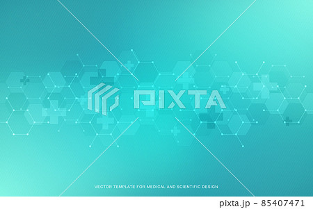 Healthcare medical background with hexagons pattern and crosses. Vector illustration for health care and medicine design, pharmaceutical manufacturing, and industry. 85407471
