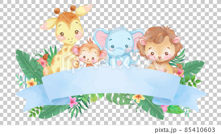 Cute animals surrounded by green and light blue ribbon 85410603