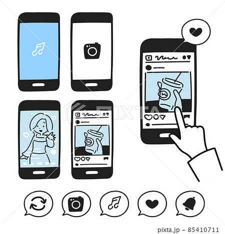 スマホのsnsやチャットに関するアイコンセットのイラスト素材