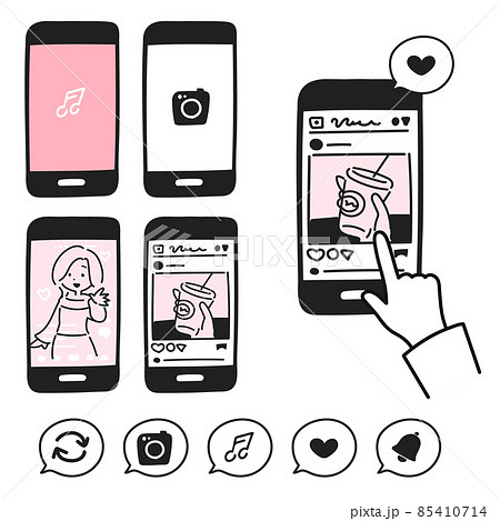 スマホのsnsやチャットに関するアイコンセットのイラスト素材