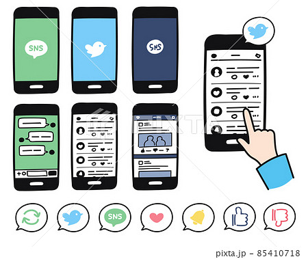 スマホのsnsやチャットに関するアイコンセットのイラスト素材
