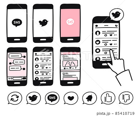 スマホのsnsやチャットに関するアイコンセットのイラスト素材