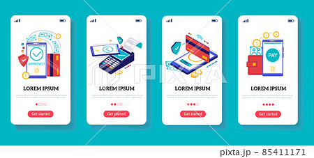 Mobile bank onboard screen. Financial application for wireless money transfer and online shopping concept. Crypto wallet phone landing page design. Vector banking app interfaces set Mobile bank onboard screen. Financial application for wireless money transfer and online shopping concept. Crypto wallet phone landing page design. Vector banking app interfaces set 85411171