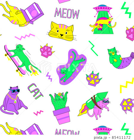 Abstract cat pattern. Seamless print with doodle kitty on skate with UFO and space rocket. Mermaid and cactus kitten. Colorful background with 90s stickers and badges. Vector pet texture Abstract cat pattern. Seamless print with doodle kitty on skate with UFO and space rocket. Mermaid and cactus kitten. Colorful background with 90s stickers and badges. Vector pet texture 85411172