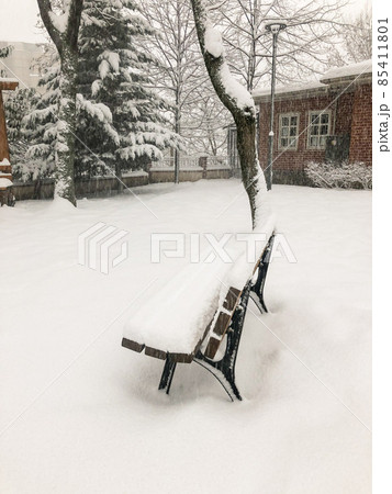 empty bench under snow in winter at garden of a house while snowing 85411801