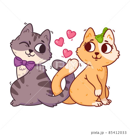 Cats fall in love and knot their tails. 14 February postcard with domestic animals. Romantic Valentines Day greeting card of kitties. Flyers, invitation, print. Vector illustration isolated on white. 85412033