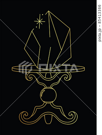Vector golden line art sketch quartz crystal on a stand on black 85413366