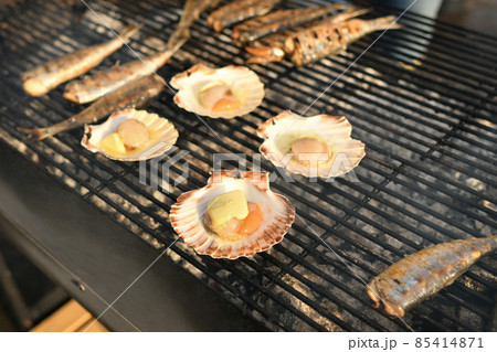 Grilled scallops and herrings on a grill 85414871