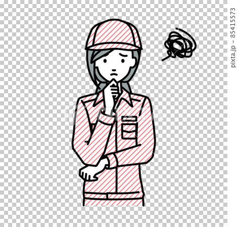 A female worker who is in trouble standing and putting her hand on her chin 85415573