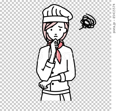 A cook woman who is in trouble standing and putting her hand on her chin A cook woman who is in trouble standing and putting her hand on her chin 85415574