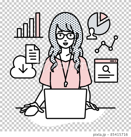 A female teacher sitting at a desk, opening a PC for research, analyzing data and compiling reports A female teacher sitting at a desk, opening a PC for research, analyzing data and compiling reports 85415716