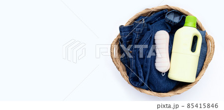 Blue jeans in laundry basket Blue jeans in laundry basket 85415846