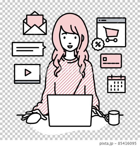 A remote work woman sitting at a desk and doing an online shop or marketing job on a PC 85416095