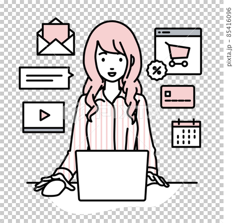 A woman in a blouse sitting at a desk and doing an online shop or marketing job on a PC 85416096