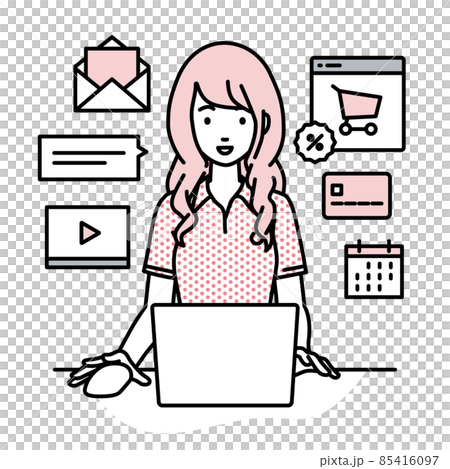 A woman in a polo shirt sitting at a desk and doing an online shop or marketing job on a PC 85416097