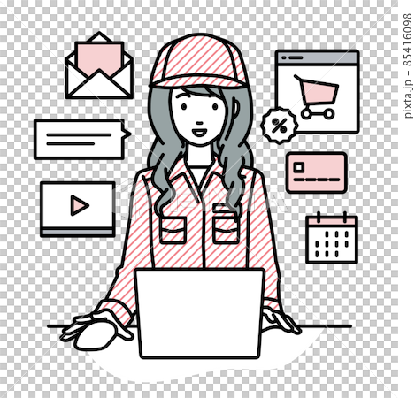 A female worker sitting at a desk and doing an online shop or marketing job on a PC 85416098
