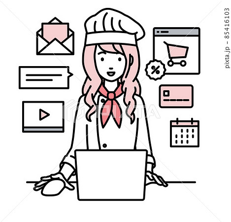 デスクで座ってPCでネットショップやマーケティングの仕事をしている調理師の女性 デスクで座ってPCでネットショップやマーケティングの仕事をしている調理師の女性 85416103
