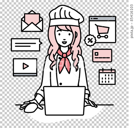 デスクで座ってPCでネットショップやマーケティングの仕事をしている調理師の女性 デスクで座ってPCでネットショップやマーケティングの仕事をしている調理師の女性 85416103