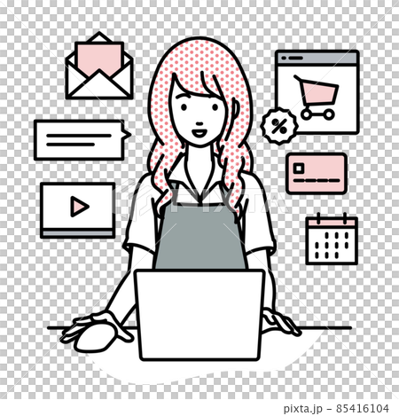 A female cafe clerk sitting at a desk and doing an online shop or marketing job on a PC A female cafe clerk sitting at a desk and doing an online shop or marketing job on a PC 85416104