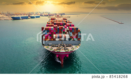 Aerial view container cargo ship, import export commerce business trade logistic and transportation of International by container cargo ship boat in the open sea, Freight shipping maritime. Aerial view container cargo ship, import export commerce business trade logistic and transportation of International by container cargo ship boat in the open sea, Freight shipping maritime. 85418268