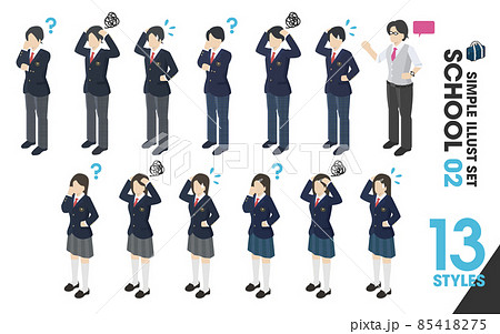 イラストセット School 02 13点 学生服 制服 ブレザー スカート 男女のイラスト素材