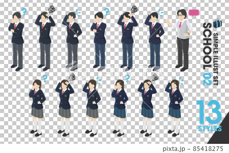 イラストセット School 02 13点 学生服 制服 ブレザー スカート 男女のイラスト素材