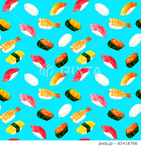 食べ物柄テキスタイル シームレスな寿司の背景素材 手描き水彩イラストのイラスト素材