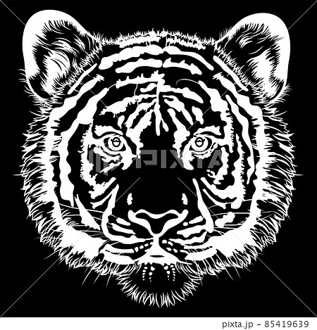 虎の顔の白黒イラストのイラスト素材