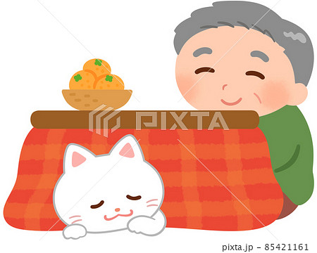 こたつに入っている高齢男性と猫のイラスト素材