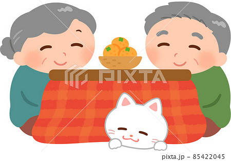 こたつに入っている高齢夫婦と猫 85422045