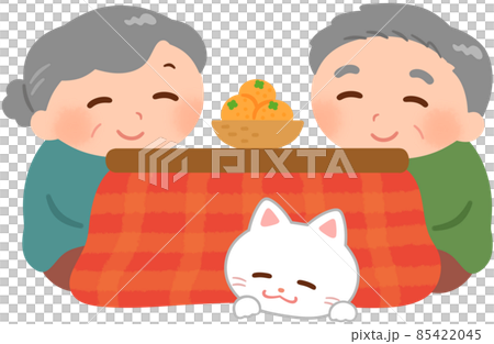 こたつに入っている高齢夫婦と猫 85422045