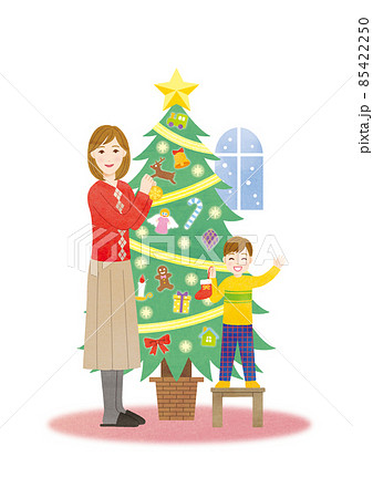 クリスマスツリーを飾り付けている親子のイラスト素材