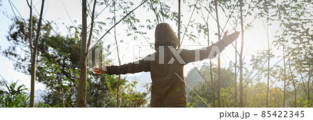 Woman hiker in sunrise forest moutnain top Woman hiker in sunrise forest moutnain top 85422345