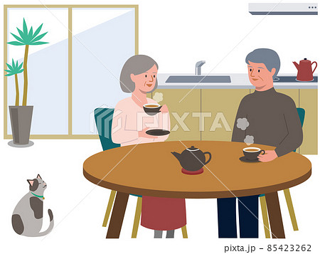 家のキッチンのテーブルで仲良くお茶を飲む老夫婦のベクターイラスト 85423262