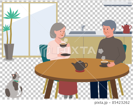 一對老夫婦在家裡的廚房餐桌上與朋友喝茶的矢量圖 一對老夫婦在家裡的廚房餐桌上與朋友喝茶的矢量圖 85423262