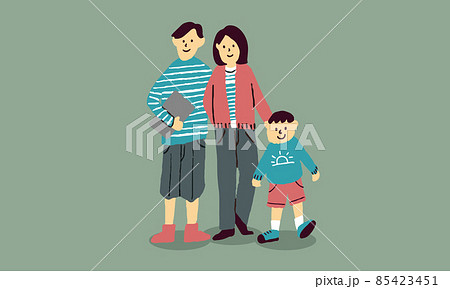 家族のポートレート 保育園の元気な男の子がいる若い夫婦のイラストのイラスト素材